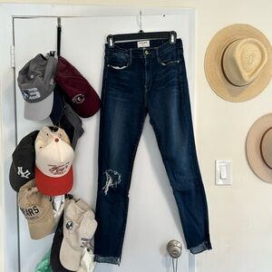 Frame skinny high rise dark navy wash jeans. Size 28.